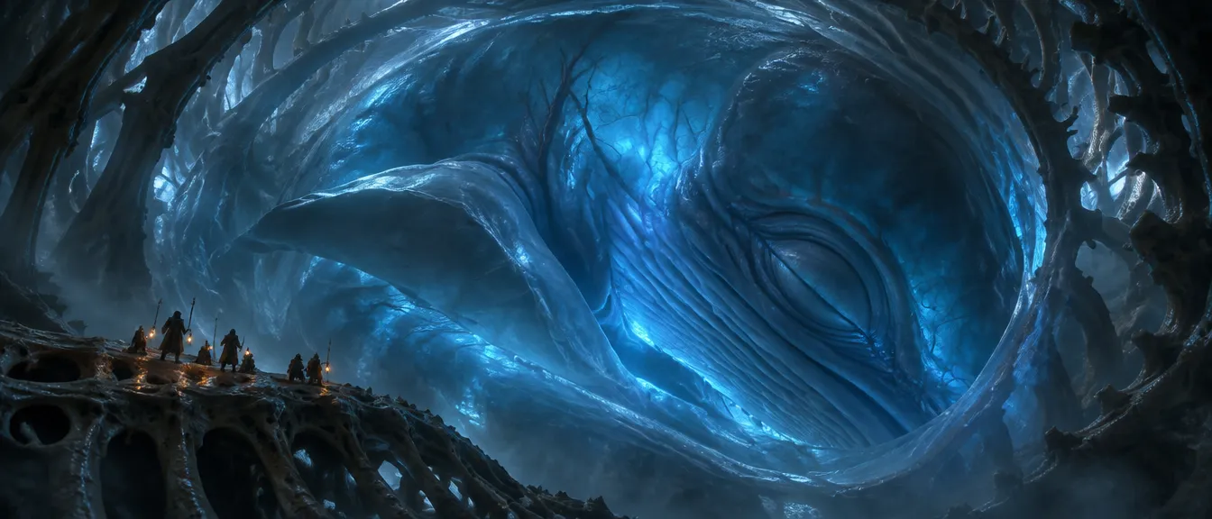 Calver meringkuk di dalam selaput bercahaya biru di Womb Vault, raid kecil berlampu ambar berdiri di birai tulang.