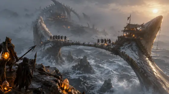Dua regu guild berhadapan di jembatan tulang yang runtuh di atas ombak Tail Reach.